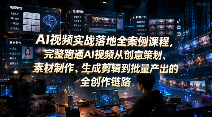AI视频实战落地全案例课程，完整跑通AI视频从创意策划、素材制作、生成剪辑到批量产出的全创作链路-创业资源网