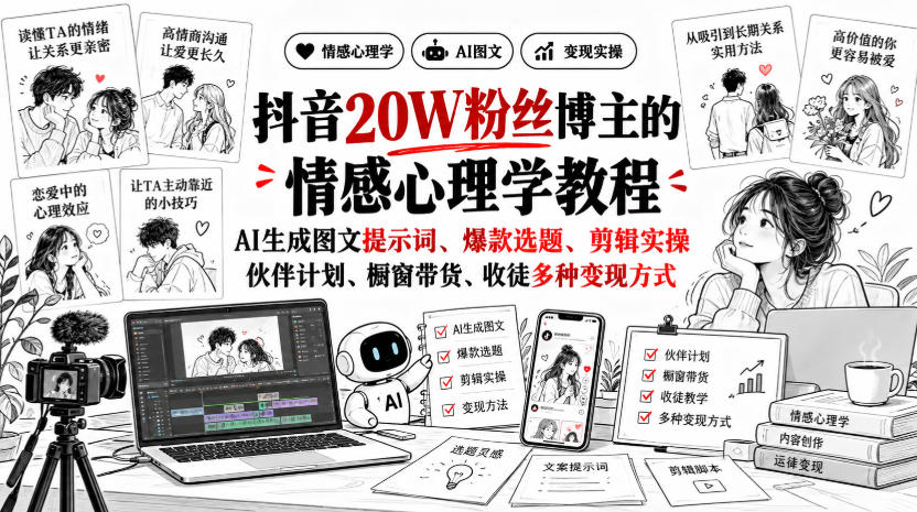 抖音20W粉丝博主的情感心理学教程，AI生成图文提示词、爆款选题、剪辑实操，伙伴计划、橱窗带货、收徒多种变现方式-创业资源网