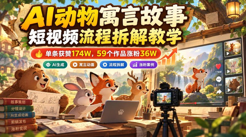 AI动物寓言故事短视频流程拆解教学，单条获赞174W，59个作品涨粉36W-创业资源网