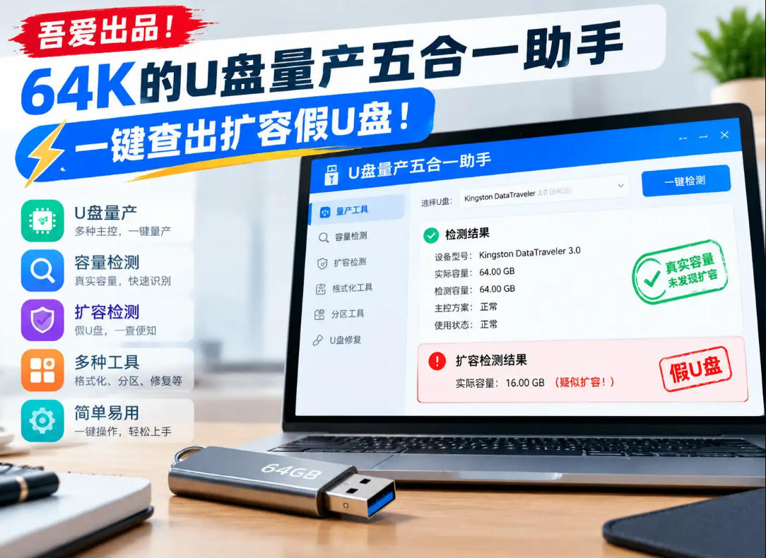吾爱出品！64K的U盘量产五合一助手，一键查出扩容假U盘！-创业资源网