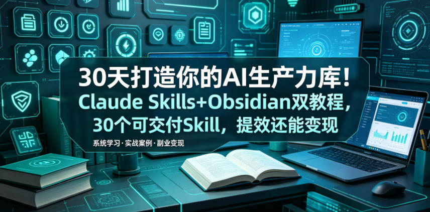 30天打造你的AI生产力库!Claude Skills+Obsidian 双教程,30 个可交付 Skill,提效还能变现-创业资源网