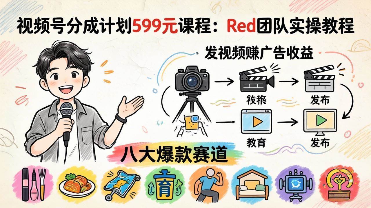 （18088期）视频号分成计划599元课程：Red团队实操教程，发视频赚广告收益，八大爆款赛道全掌握-创业资源网
