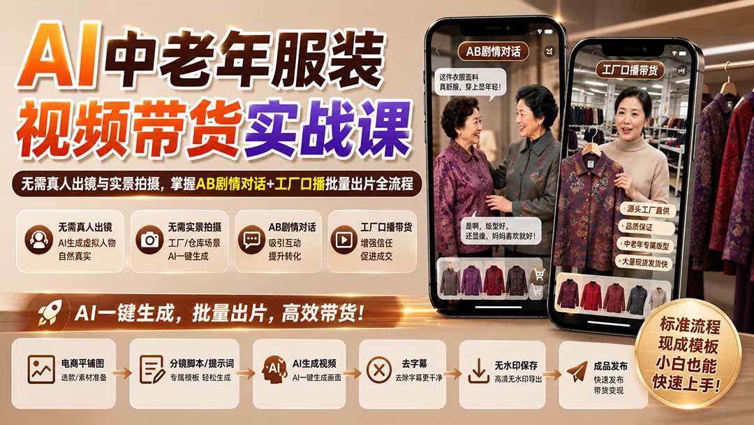 （20198期）AI中老年服装视频带货实战课：无需真人出镜与实景拍摄，掌握AB剧情对话+工厂口播批量出片全流程-创业资源网
