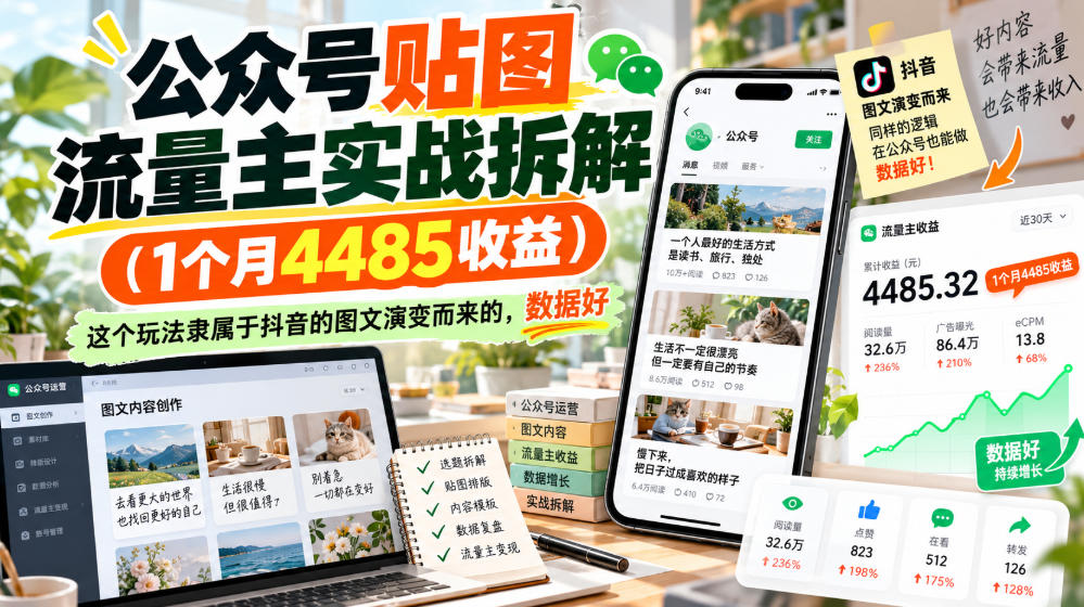 公众号贴图流量主实战拆解(1个月4485收益)，这个玩法隶属于抖音的图文演变而来的，数据好-创业资源网