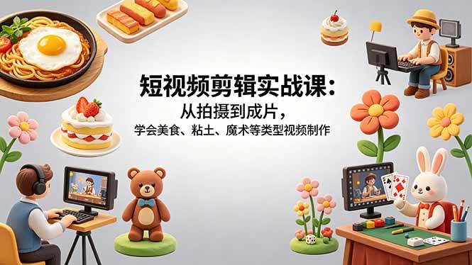 （18375期）短视频剪辑实战课：从拍摄到成片，学会美食、粘土、魔术等类型视频制作-创业资源网