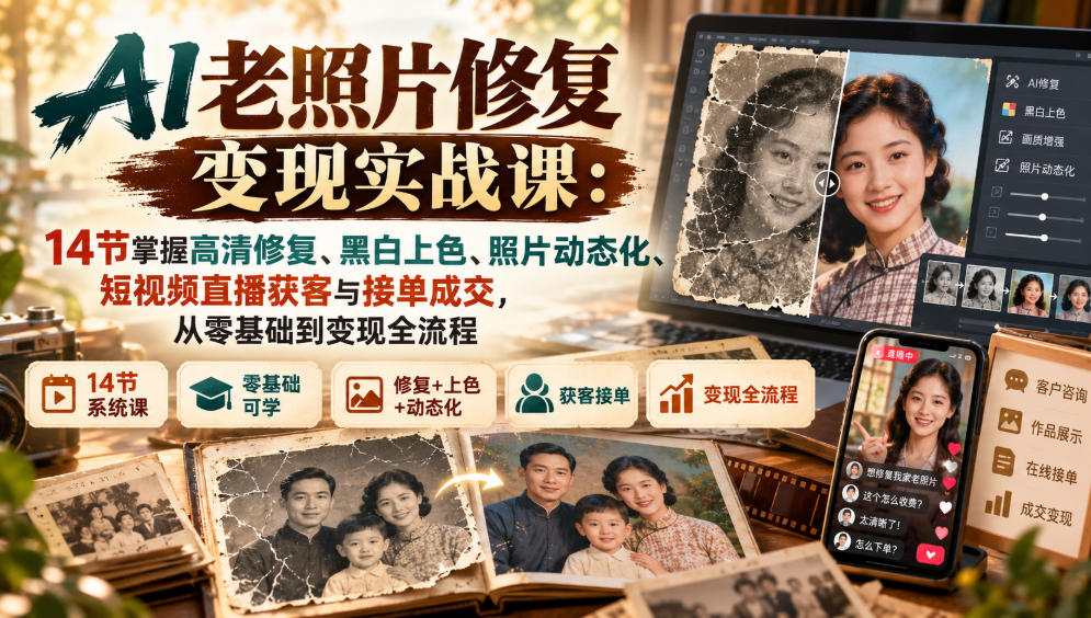 AI老照片修复变现实战课：14节掌握高清修复、黑白上色、照片动态化、短视频直播获客与接单成交，从零基础到变现全流程-创业资源网