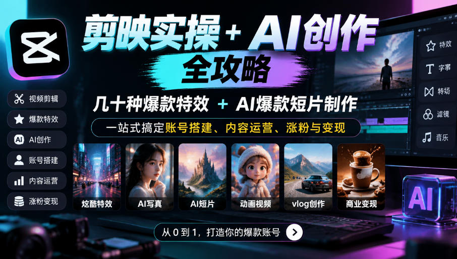 剪映实操+AI创作全攻略｜几十种爆款特效+AI爆款短片制作，一站式搞定账号搭建、内容运营、涨粉与变现-创业资源网