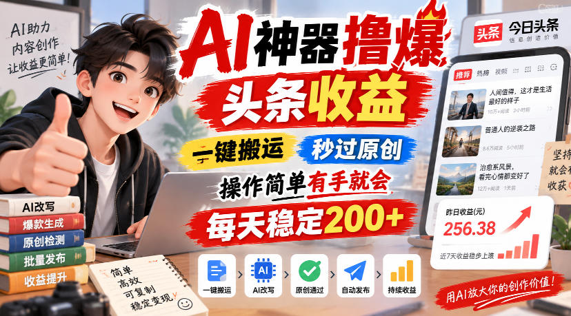 AI神器撸爆头条收益,一键搬运,秒过原创,操作简单有手就会,每天稳定200+【揭秘】-创业资源网