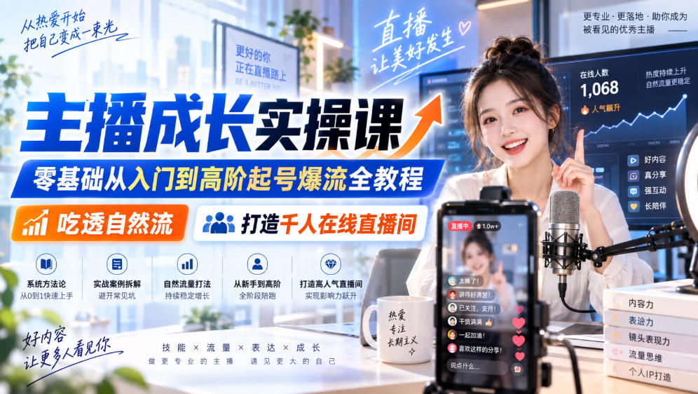 主播成长实操课｜零基础从入门到高阶起号爆流全教程，吃透自然流，打造千人在线直播间-创业资源网