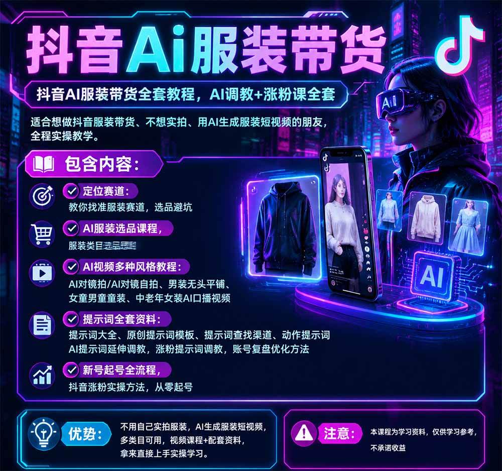 （20960期）不用真人出镜的抖音AI服装带货课：AI对镜自拍、童装男装女装视频制作、起号涨粉，附提示词大全与调教模板-创业资源网
