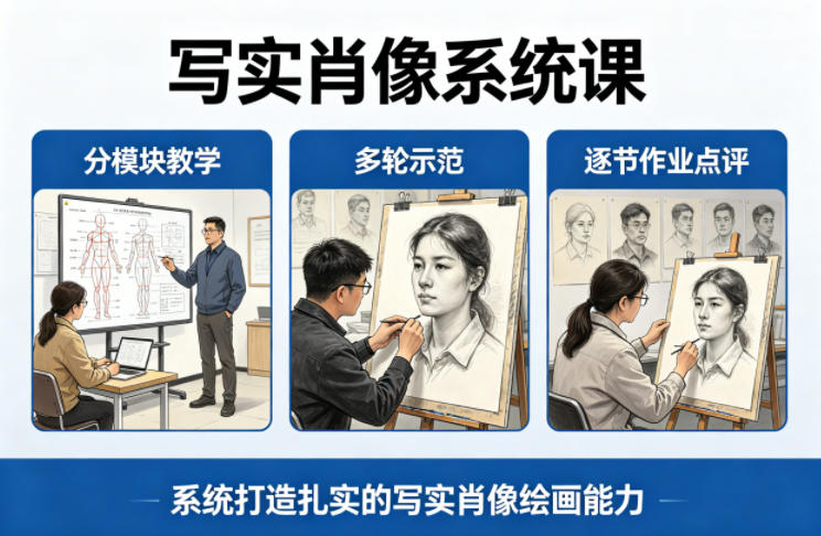 写实肖像系统课，全程分模块教学+多轮示范+逐节作业点评，系统打造扎实的写实肖像绘画能力-创业资源网