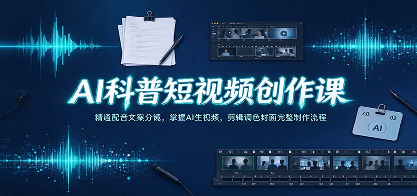 AI科普短视频创作课：精通配音文案分镜，掌握AI生视频，剪辑调色封面完整制作流程-创业资源网