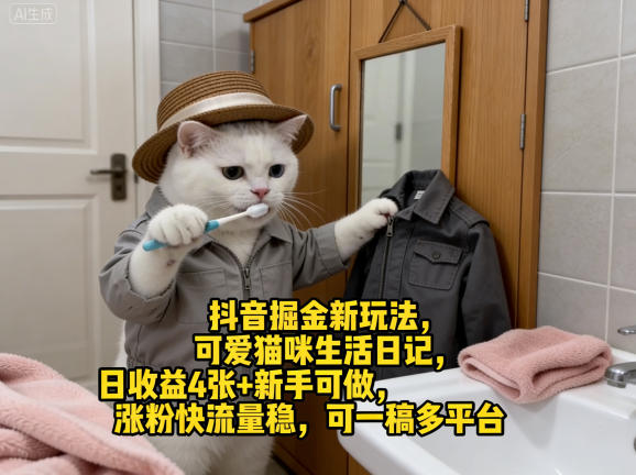 抖音掘金新玩法，可爱猫咪生活日记，日收益4张+新手可做，涨粉快流量稳，可一稿多平台-创业资源网