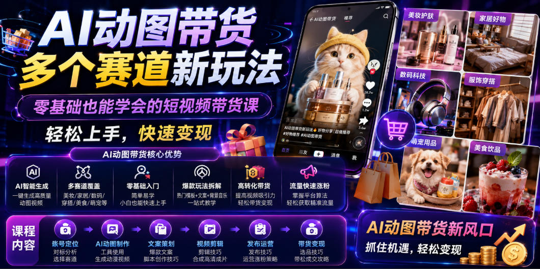 AI动图带货多个赛道新玩法，零基础也能学会的短视频带货课，轻松上手，快速变现-创业资源网