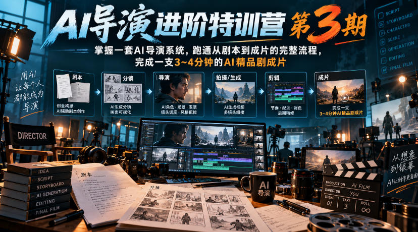 AI导演进阶特训营第3期,掌握一套AI导演系统,跑通从剧本到成片的完整流程,完成一支3~4分钟的AI精品剧成片(附1、2期)-创业资源网