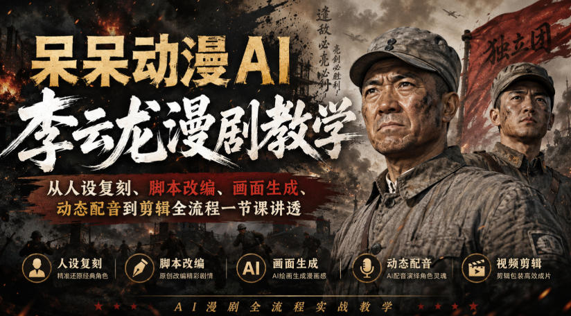 呆呆动漫AI李云龙漫剧教学，从人设复刻、脚本改编、画面生成、动态配音到剪辑全流程一节课讲透-创业资源网