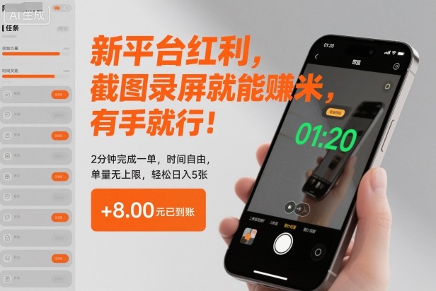 新平台红利，截图录屏就能賺米，有手就行！2分钟完成一单，时间自由，单量无上限，轻松日入5张【揭秘】-创业资源网
