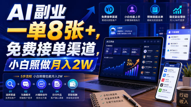 AI副业一单8张+,免费接单渠道,小白照做月入2W【揭秘】-创业资源网