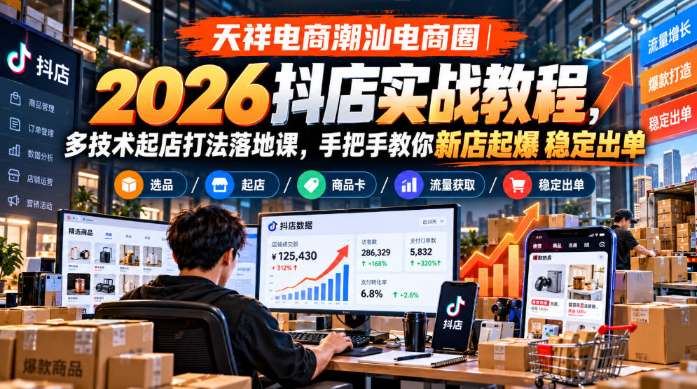 天祥电商潮汕电商圈｜2026抖店实战教程，多技术起店打法落地课，手把手教你新店起爆稳定出单-创业资源网