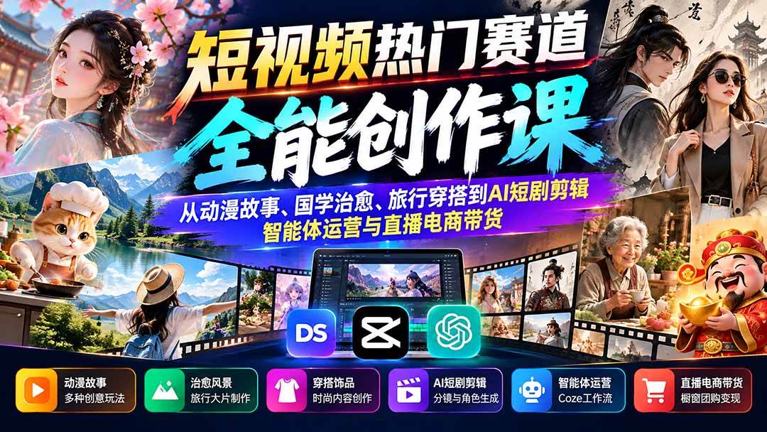 （20956期）短视频热门赛道全能创作课：从动漫故事、国学治愈、旅行穿搭到AI短剧剪辑、智能体运营与直播电商带货-创业资源网