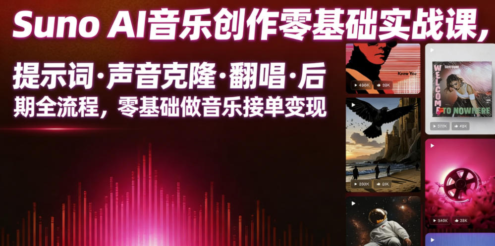 Suno AI音乐创作实战课，提示词・声音克隆・翻唱・后期全流程，零基础做音乐接单变现-创业资源网
