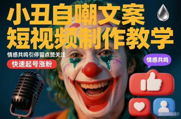 小丑自嘲文案短视频制作教学，情感共鸣引停留点赞关注，快速起号涨粉-创业资源网