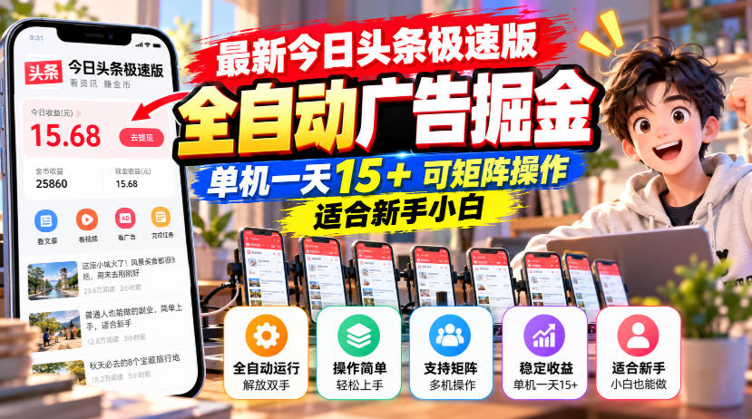 最新今日头条极速版全自动广告掘金，单机一天15+可矩阵操作适合新手小白-创业资源网