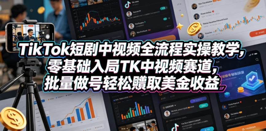 TikTok短剧中视频全流程实操教学，零基础入局TK中视频赛道，批量做号轻松賺取美金收益-创业资源网