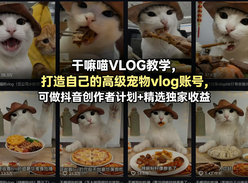 干嘛喵VLOG教学，打造自己的高级宠物vlog账号，可做抖音创作者计划+精选独家收益-创业资源网