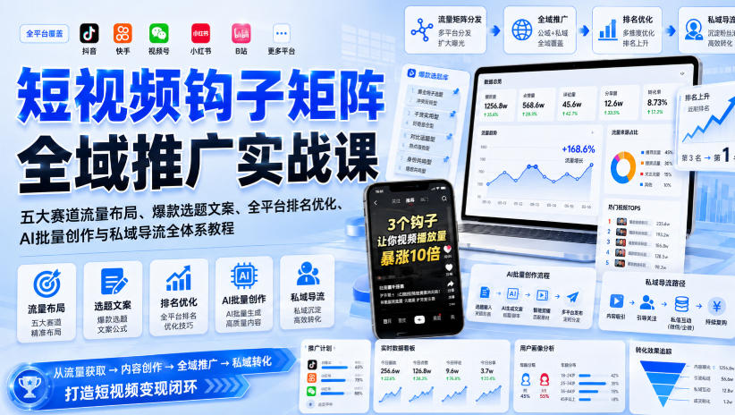 短视频钩子矩阵全域推广实战课｜五大赛道流量布局、爆款选题文案、全平台排名优化、AI批量创作与私域导流全体系教程-创业资源网