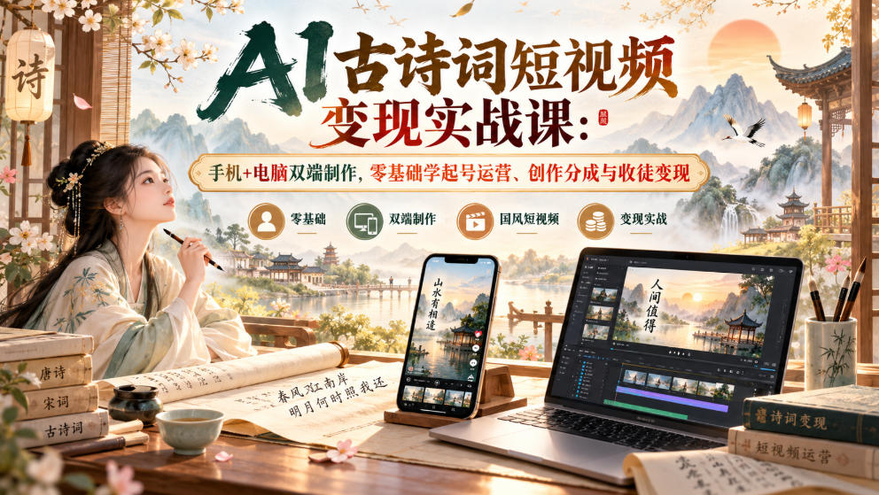 AI古诗词短视频变现实战课：手机+电脑双端制作，零基础学起号运营、创作分成与收徒变现-创业资源网