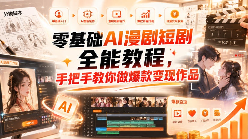 零基础AI漫剧短剧全能教程，从AI智能体搭建、文案脚本分镜、多平台AI生视频、剪映精修，覆盖全题材创作，手把手教你做爆款变现作品-创业资源网