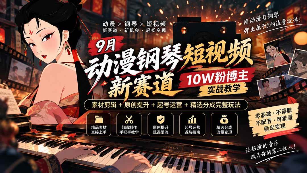 (20506期)9月动漫钢琴短视频新赛道|10W粉博主实战教学,素材剪辑+原创提升+起号运营+精选分成完整玩法-创业资源网