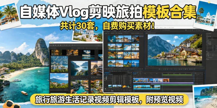 自媒体Vlog剪映旅拍模板合集，共计30套，自费购买素材！旅行旅游生活记录视频剪辑模板，附预览视频-创业资源网