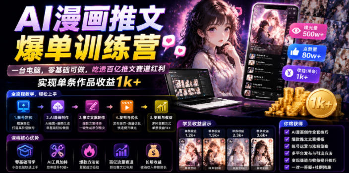 AI漫画推文爆单训练营，一台电脑，零基础可做，吃透百亿推文赛道红利，实现单条作品收益1k+-创业资源网