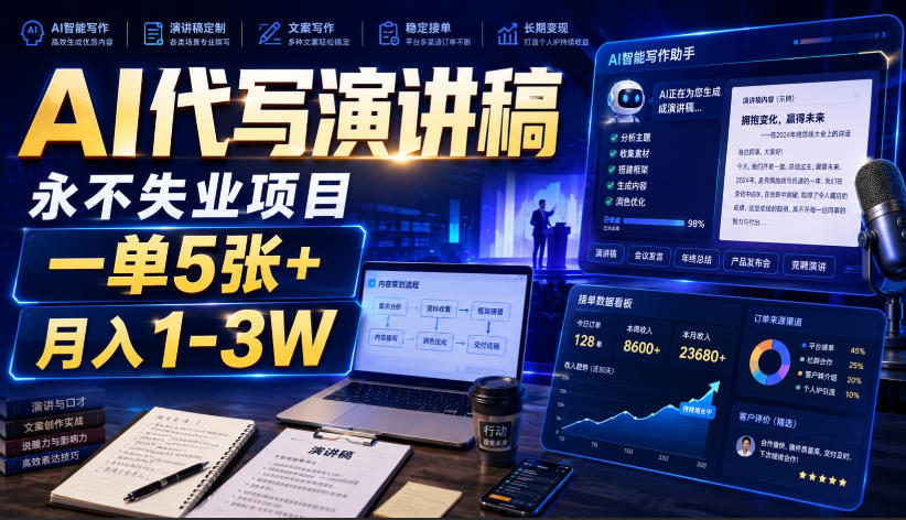 AI代写演讲稿，永不失业项目，一单5张+，月入1-3W【揭秘】-创业资源网