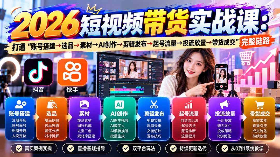 （20731期）2026短视频带货实战课9月：打通“账号搭建→选品→素材→AI创作→剪辑发布→起号流量→投流放量→带货成交”完整链路-创业资源网
