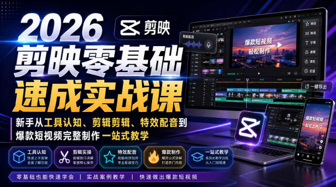 2026剪映零基础速成实战课｜新手从工具认知、剪辑剪辑、特效配音到爆款短视频完整制作一站式教学-创业资源网