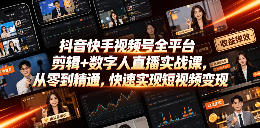 抖音快手视频号全平台剪辑+数字人直播实战课，从零到精通，快速实现短视频变现(更新2026年6月)-创业资源网