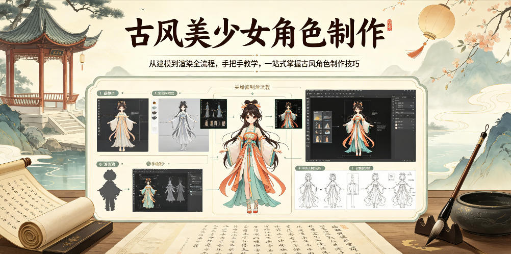 古风美少女角色制作，从建模到渲染全流程，手把手教学，一站式掌握古风角色制作技巧-创业资源网