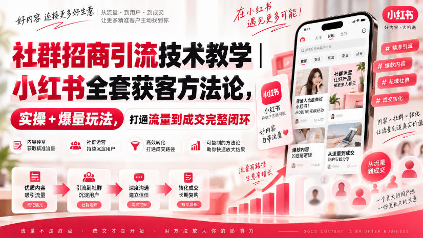 社群招商引流技术教学｜小红书全套获客方法论，实操+爆量玩法，打通流量到成交完整闭环-创业资源网
