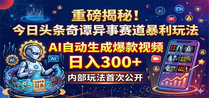 重磅揭秘！今日头条奇谭异事赛道暴利玩法：AI自动生成爆款视频，日入300+-创业资源网
