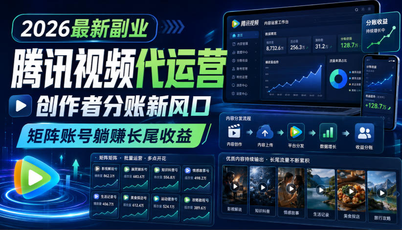 2026最新副业之腾讯视频代运营：创作者分账新风口，矩阵账号躺賺长尾收益【揭秘】-创业资源网