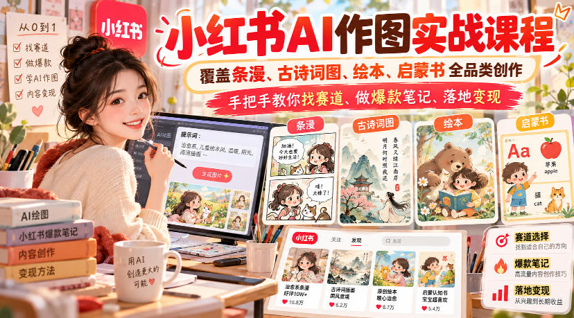 小红书AI作图实战课程，覆盖条漫、古诗词图、绘本、启蒙书全品类创作，手把手教你找赛道、做爆款笔记、落地变现-创业资源网