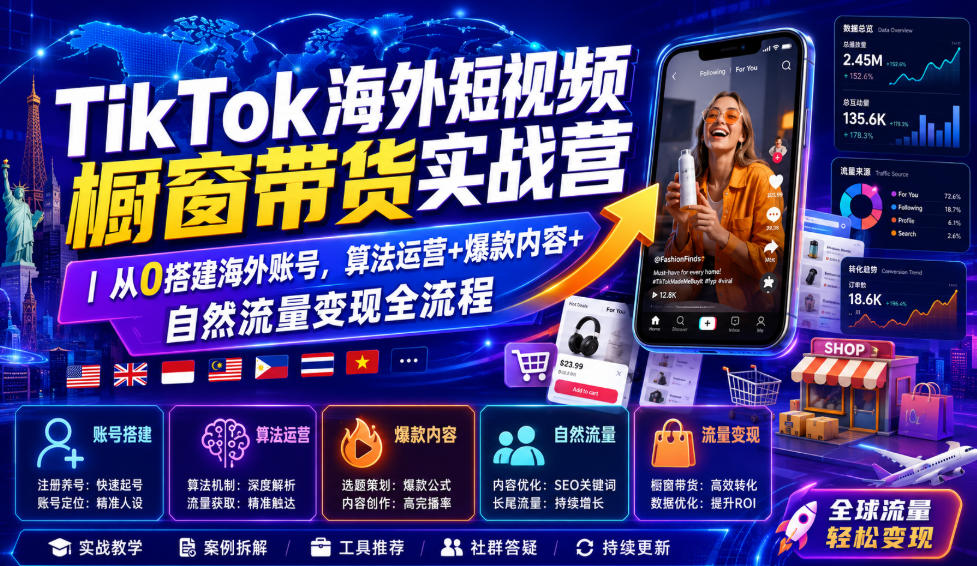 TikTok海外短视频橱窗带货实战营｜从0搭建海外账号，算法运营+爆款内容+自然流量变现全流程-创业资源网