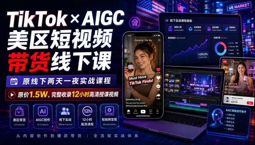 TikTok×AIGC美区短视频带货线下课，原线下两天一夜实战课程，原价1.5W，完整收录12小时高清授课视频-创业资源网