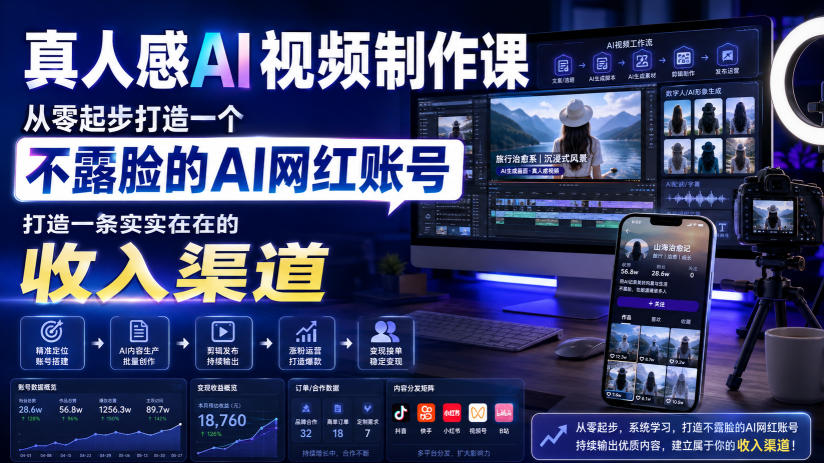 真人感AI视频制作课，从零起步打造一个不露脸的AI网红账号，打造一条实实在在的收入渠道【原创双语字幕】-创业资源网