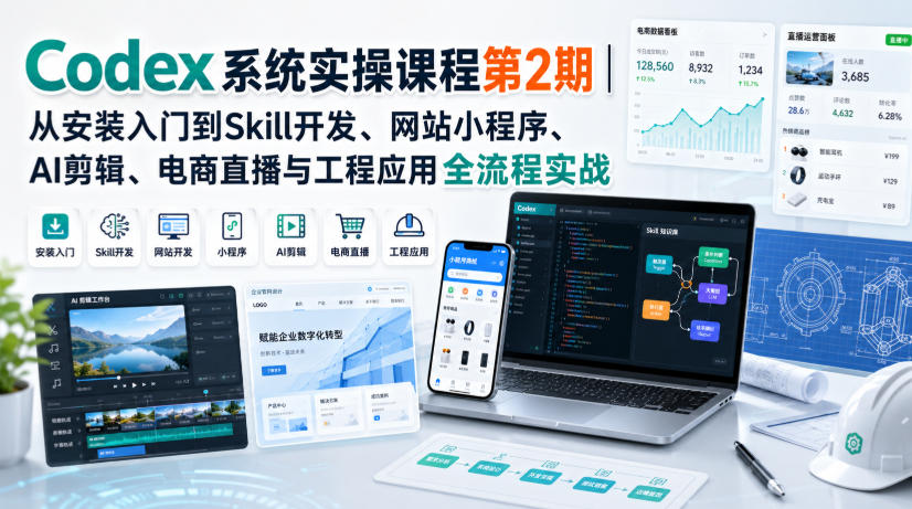 Codex系统实操课程第2期｜从安装入门到Skill开发、网站小程序、AI剪辑、电商直播与工程应用全流程实战-创业资源网