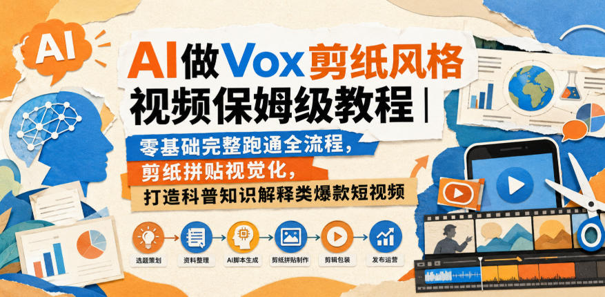 AI做Vox剪纸风格视频保姆级教程｜零基础完整跑通全流程，剪纸拼贴视觉化，打造科普知识解释类爆款短视频-创业资源网