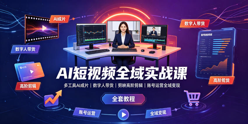 AI短视频全域实战课｜多工具AI成片、数字人带货、剪映高阶剪辑、账号运营全域变现全套教程-创业资源网